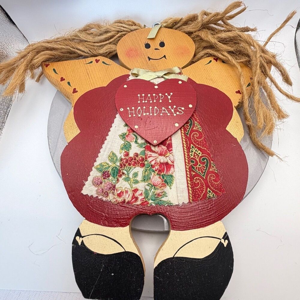Happy Holidays Wooden Angel Plaque Handmade Country Christmas J.D.I. 1996